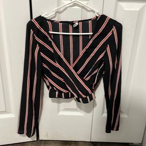 cute crossover black top with red/white stripes, size 0 or XS